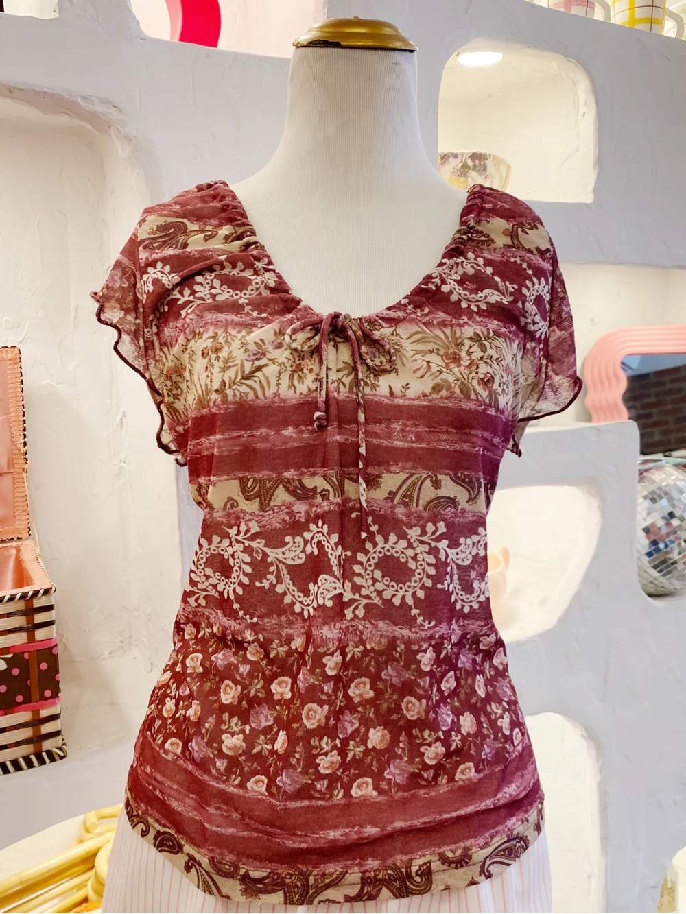 Y2K Vintage Paisley & Floral Pattern Mesh Top with Flutter Sleeves and Neck Tie